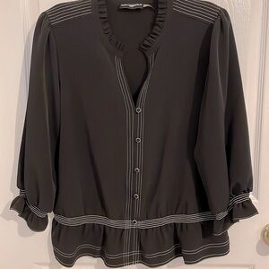 Karl Lagerfeld Split mock neck with ruffle trim Black Blouse, Size XL